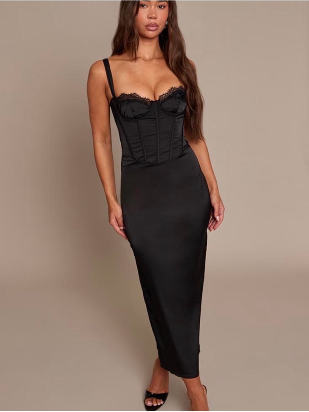 PrettyLittleThing Black Lace-Trim Corset Midi Dress